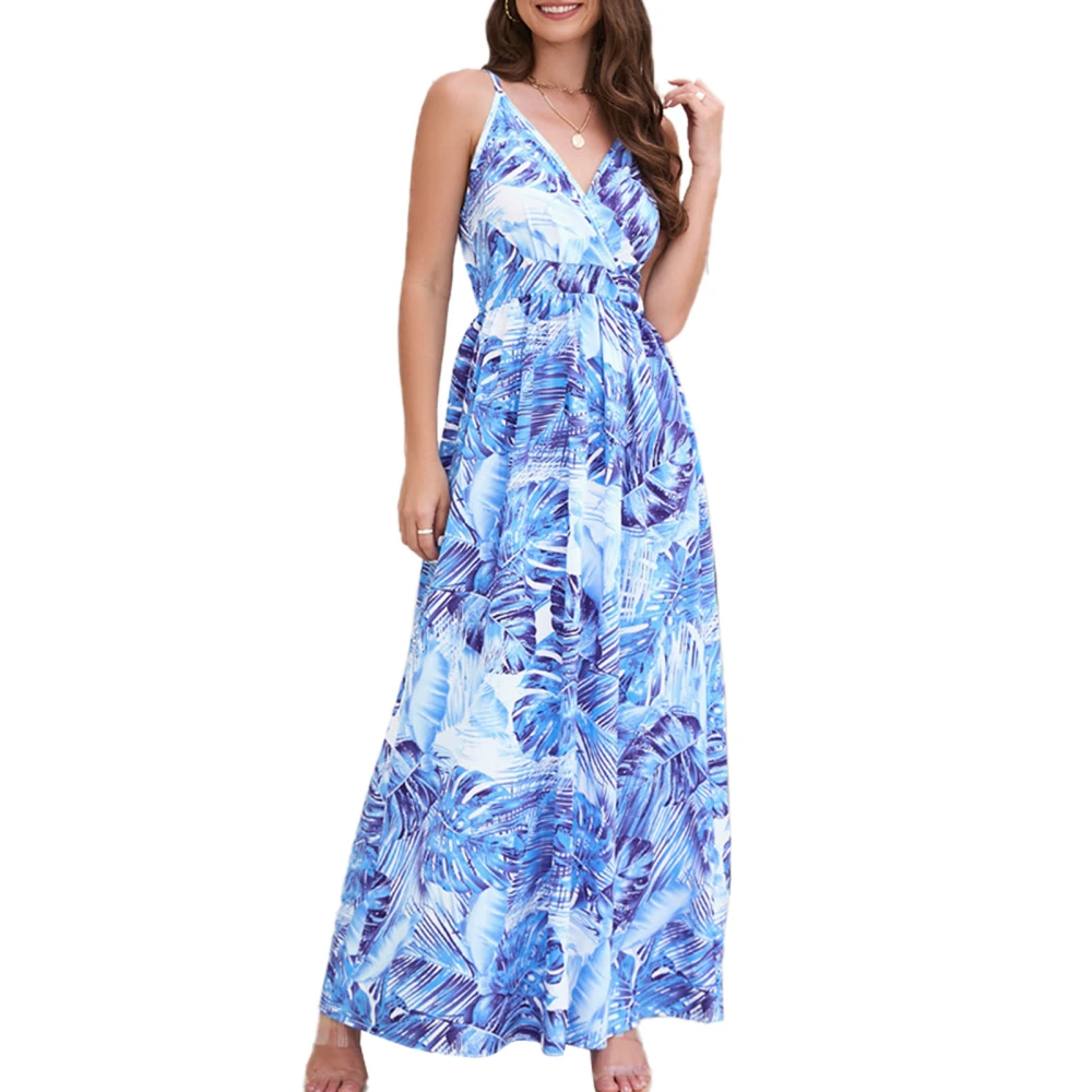 Womens Slip Dress Bohemian Style Spaghetti Strap V Neck High Waist Flower Prints Maxi Dress for Party Wedding Travel Blue L