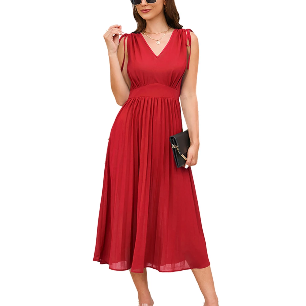 V Neck Drawstring Tie Shoulder Dress Women Pure Color Sleeveless Waist Gathered Pleated A Line Dress Red XXL