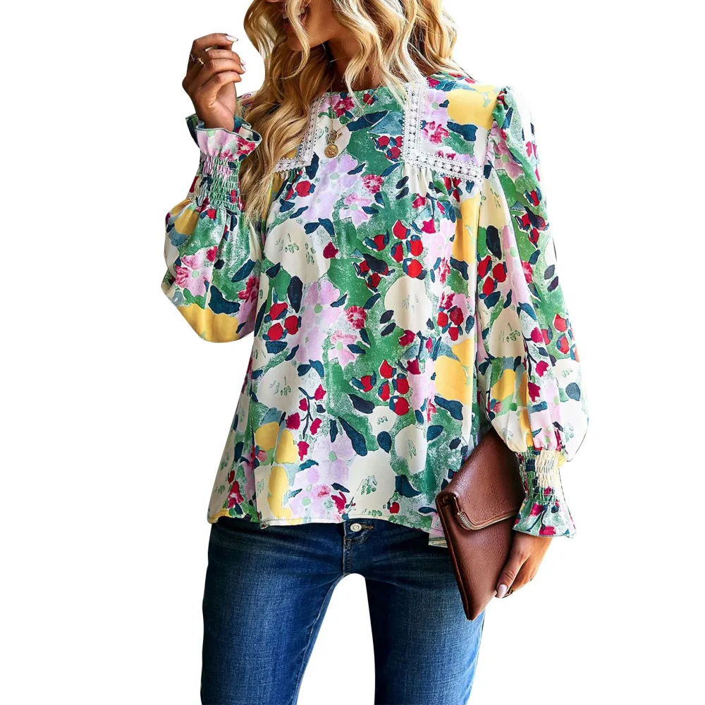 Women Floral Top Lantern Long Sleeve Round Neck Elastic Cuff Lace Splicing Loose Comfortable Floral Blouse Green S