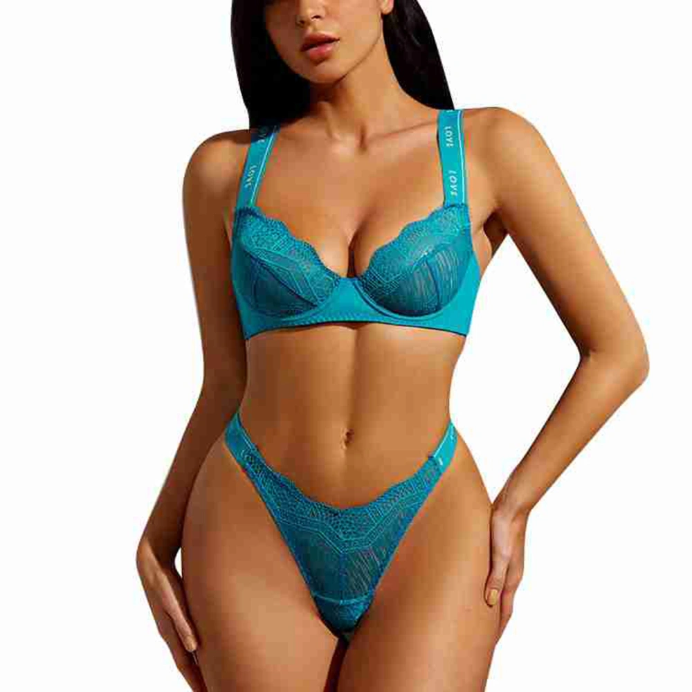 Underwear Set Women Lace Thin Gather Bra Suit Letter Straps for Dating Daily Wear Light Green M