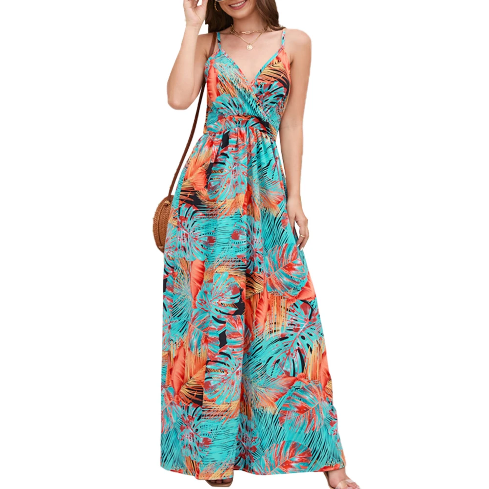 Womens Slip Dress Bohemian Style Spaghetti Strap V Neck High Waist Flower Prints Maxi Dress for Party Wedding Travel Orange M