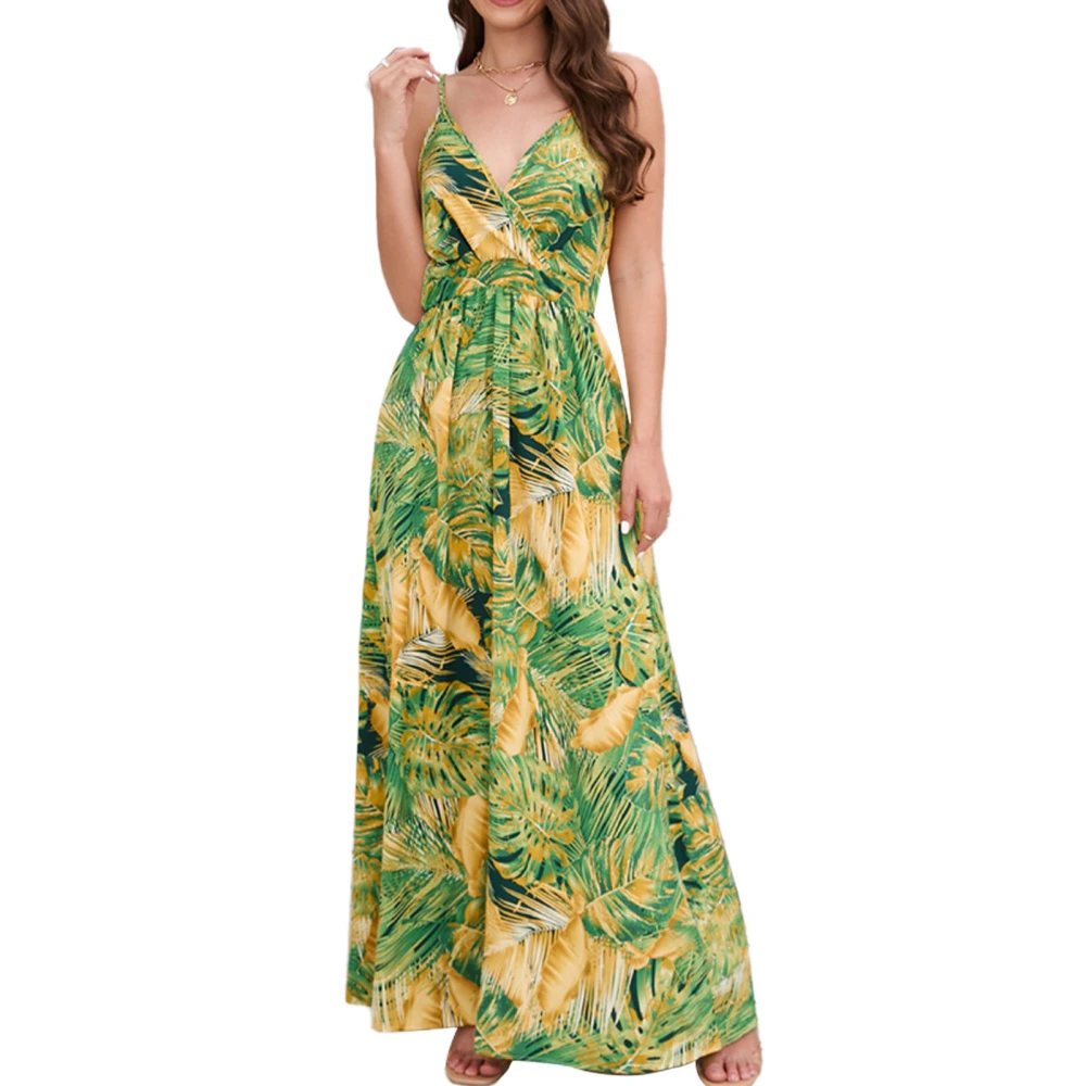 Womens Slip Dress Bohemian Style Spaghetti Strap V Neck High Waist Flower Prints Maxi Dress for Party Wedding Travel Green XXL