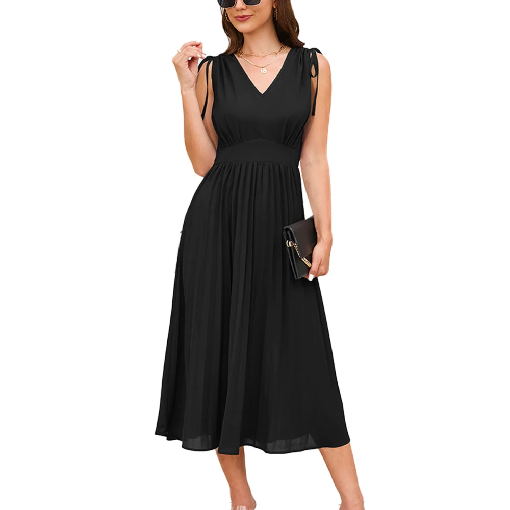 V Neck Drawstring Tie Shoulder Dress Women Pure Color Sleeveless Waist Gathered Pleated A Line Dress Black XXL