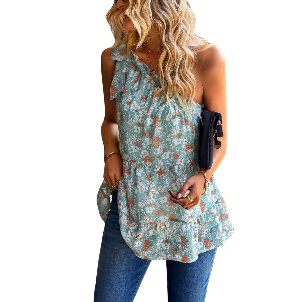 Women One Shoulder Top Sleeveless Floral Print Casual Pullover Shoulder Tie for Summer Light Green L