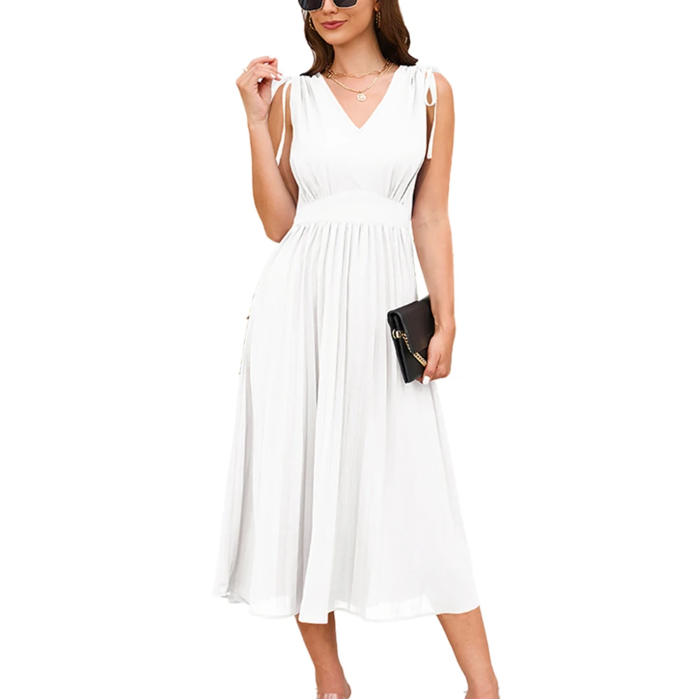 V Neck Drawstring Tie Shoulder Dress Women Pure Color Sleeveless Waist Gathered Pleated A Line Dress White XXL