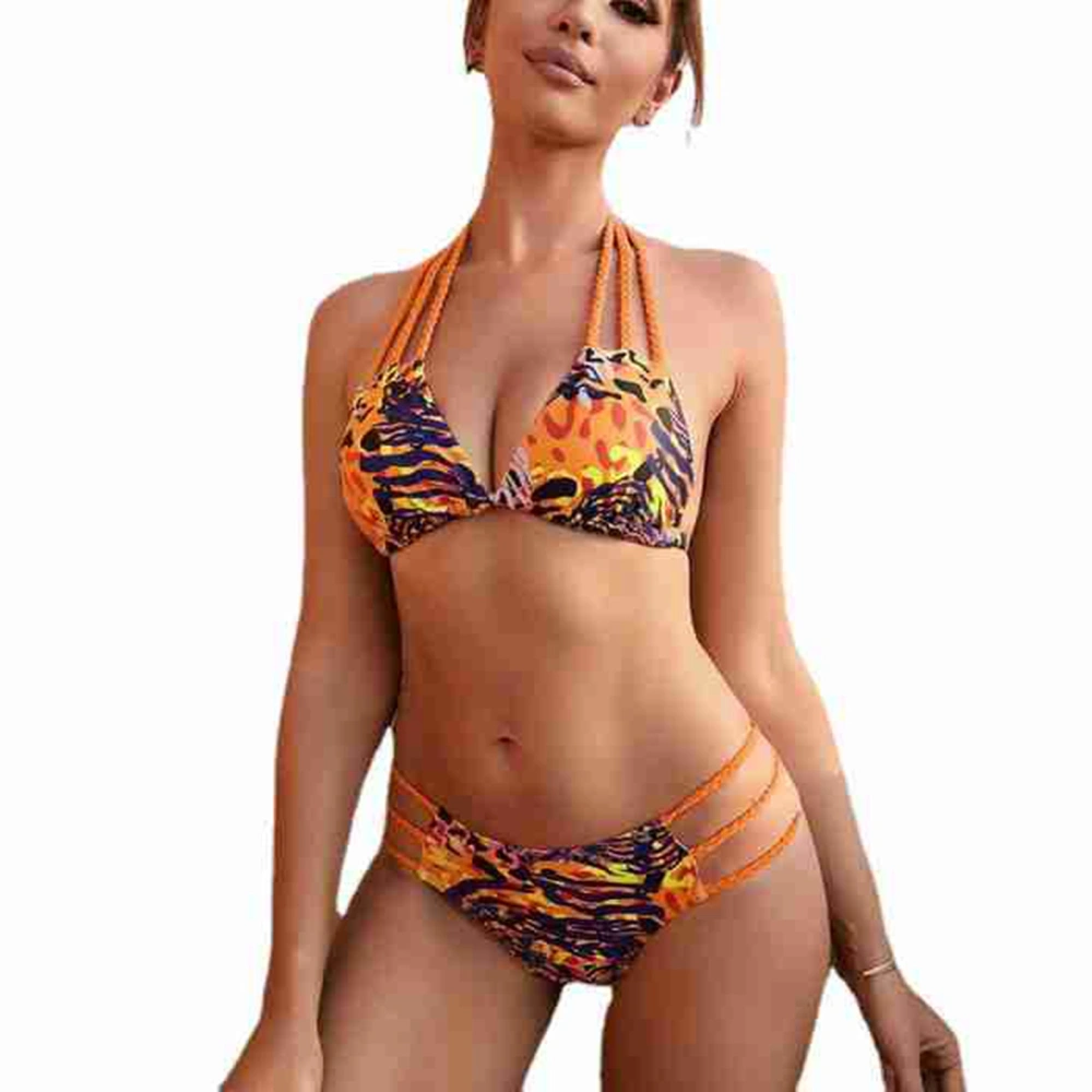 Women Bikini Swimsuit Straps Halter Neck Floral Printing Backless Two Pieces Bathing Suit with Removable Chest Pads Orange M