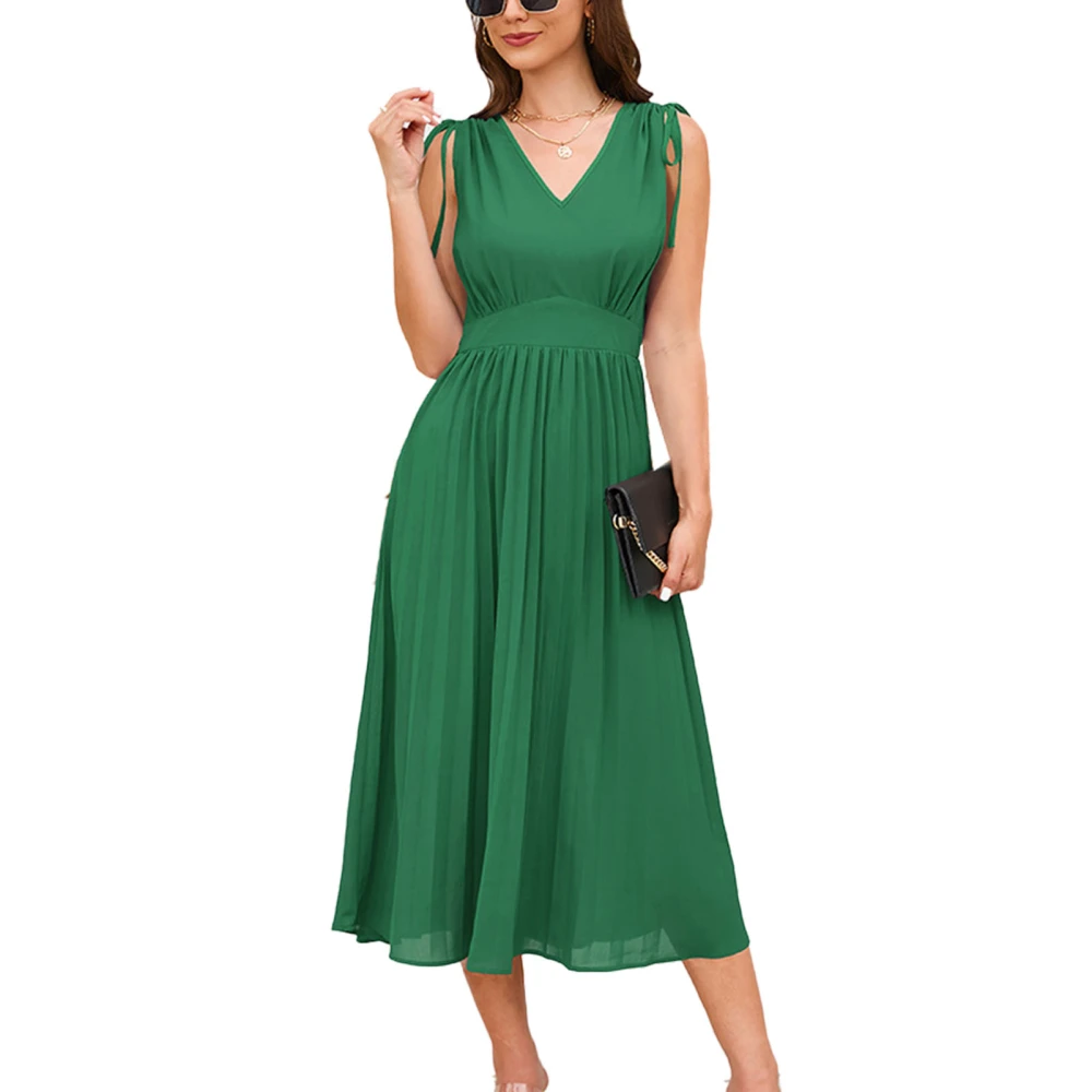 V Neck Drawstring Tie Shoulder Dress Women Pure Color Sleeveless Waist Gathered Pleated A Line Dress Green XXL