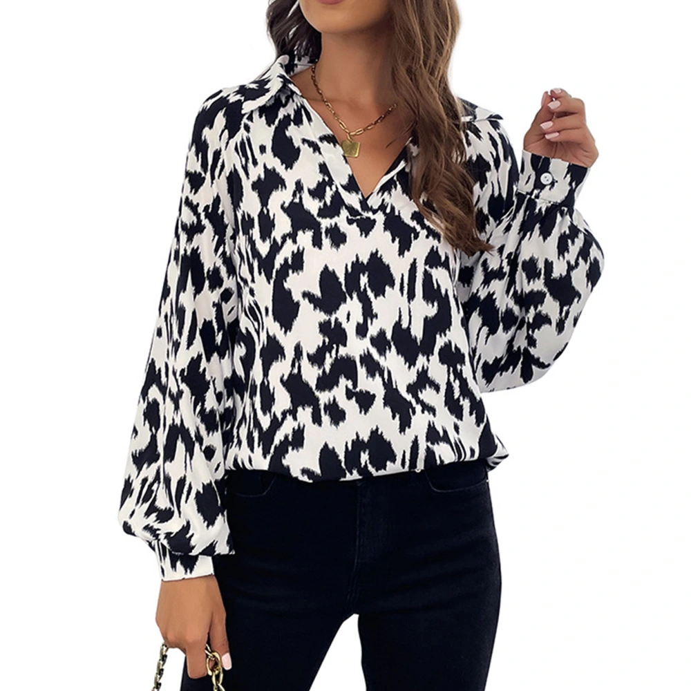 Long Sleeve Print Blouse Retro Fashionable Turn Down Collar Women V Neck Shirt for Spring Black and White L