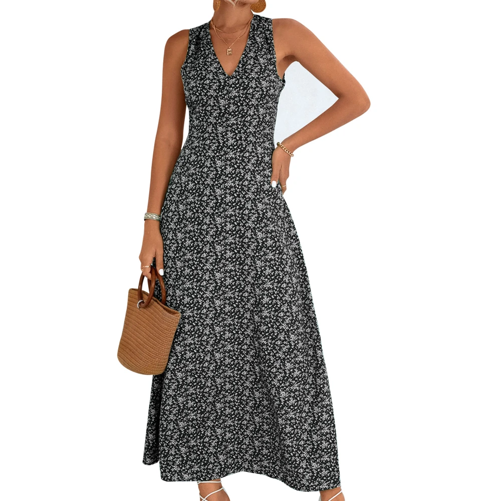 Women Maxi Dress V Neck Backless High Waisted Casual Fit Sleeveless Soft Printed Maxi Dress for Summer Black L