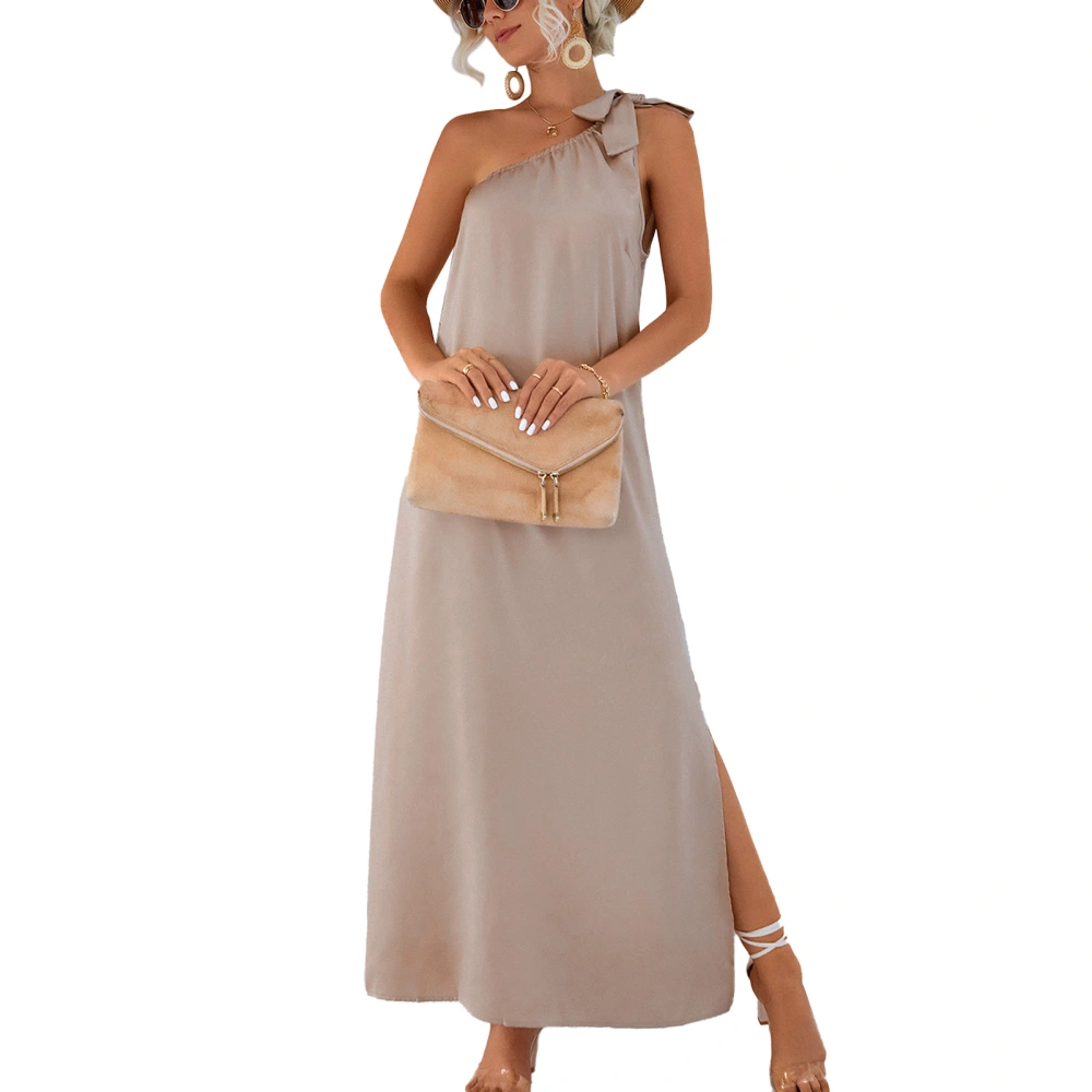 Women One Shoulder Strap Dress Sleeveless Side Slit Pure Color Casual Maxi Dress for Daily Wear Apricot S