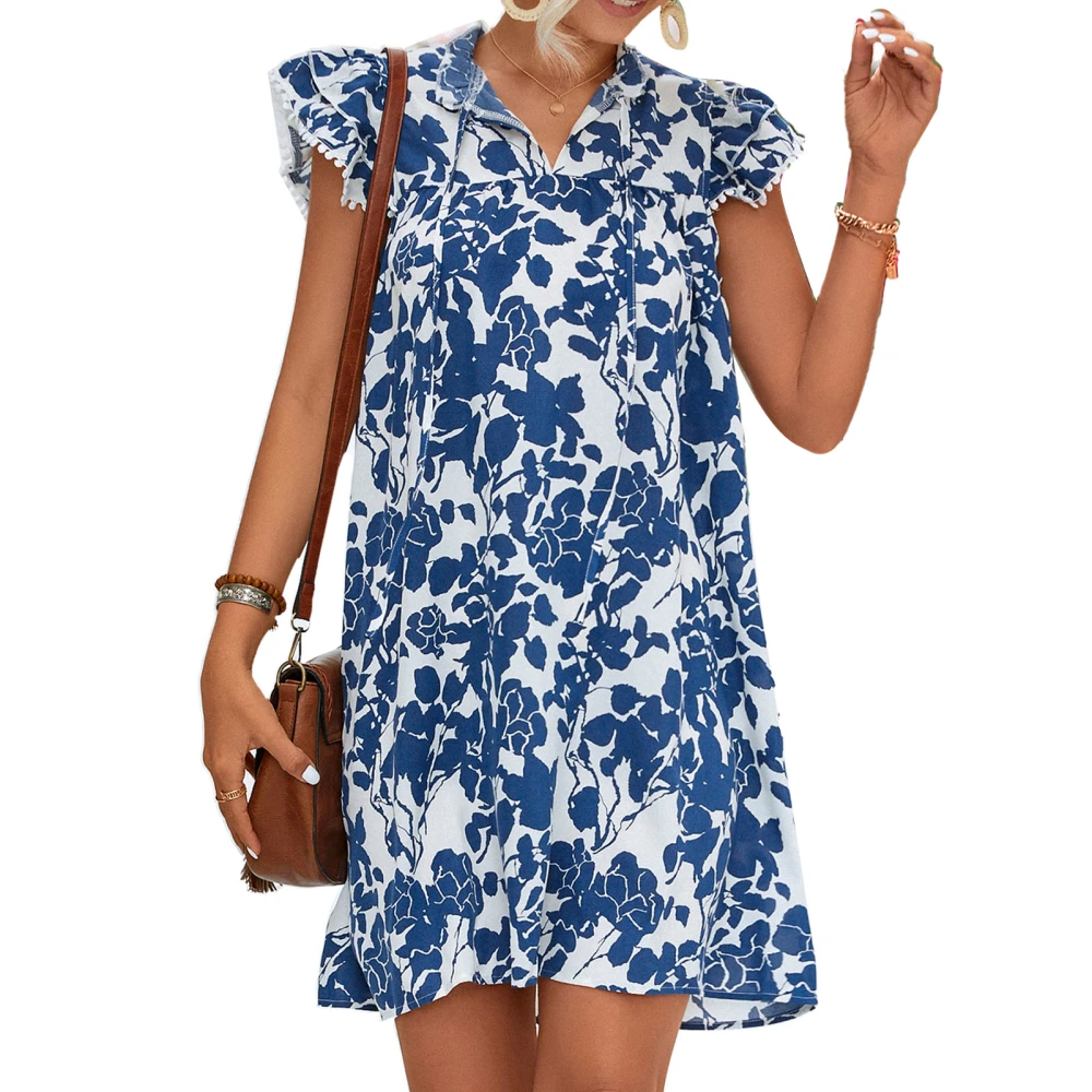 Women V Neck Printed Dress Ruffle Lace Short Sleeved Neckline Tie A Line Dress for Spring and Summer Blue L