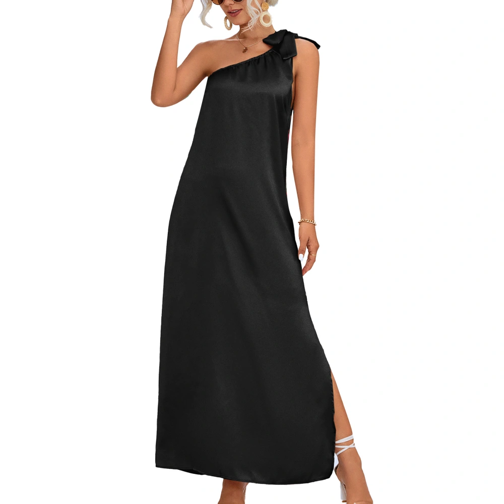 Women One Shoulder Strap Dress Sleeveless Side Slit Pure Color Casual Maxi Dress for Daily Wear Black L