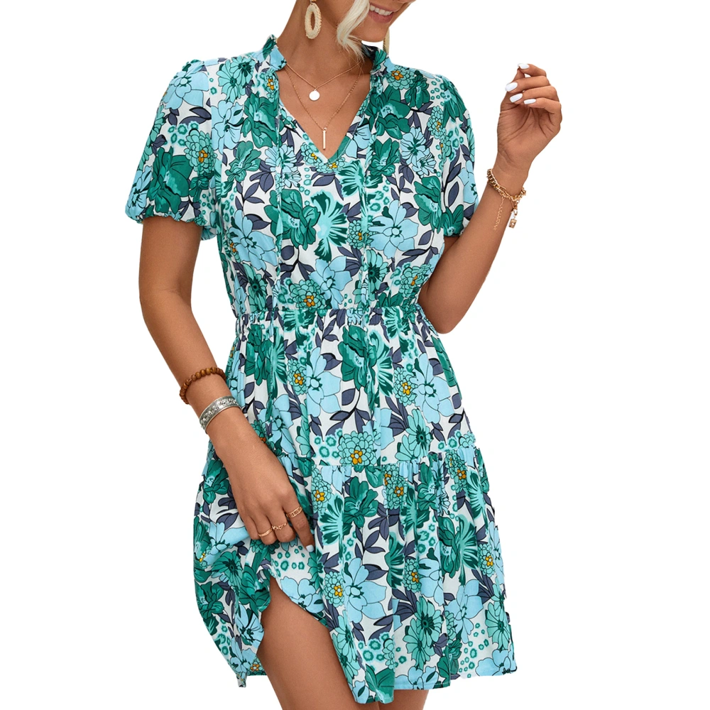 Women Short Sleeve Dress Tie V Neck Floral Printed Lantern Sleeve Elastic High Waist Breathable Summer Dress Green S