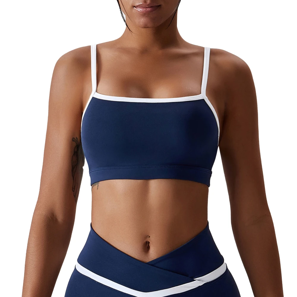 Spaghetti Strap Workout Bra Color Block Quick Drying Backless Tight Shockproof U Neck Sports Bra Blue L