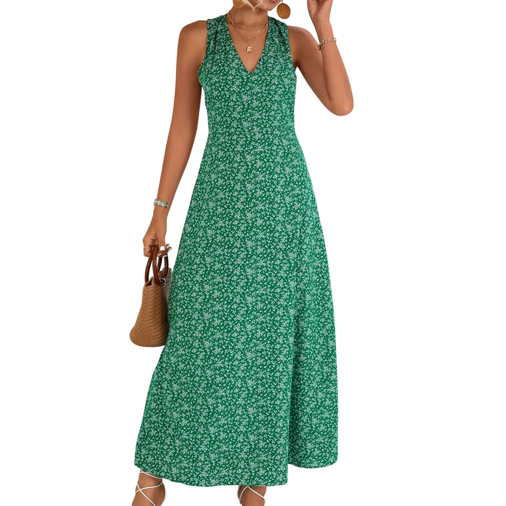 Women Maxi Dress V Neck Backless High Waisted Casual Fit Sleeveless Soft Printed Maxi Dress for Summer Green XL