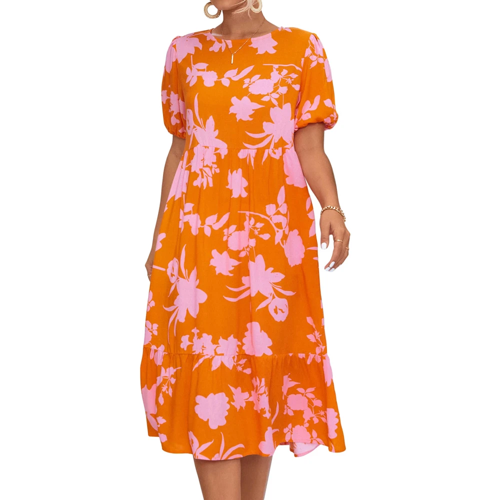 Women Dress Short Lantern Sleeve Round Neck Loose Hem Breathable Print Casual Dress for Spring Summer Orange L