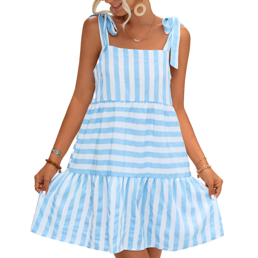 Striped Patchwork Dress Sleeveless Adjustable Strap Loose Causal Striped Dress for Women Spring Summer Blue L