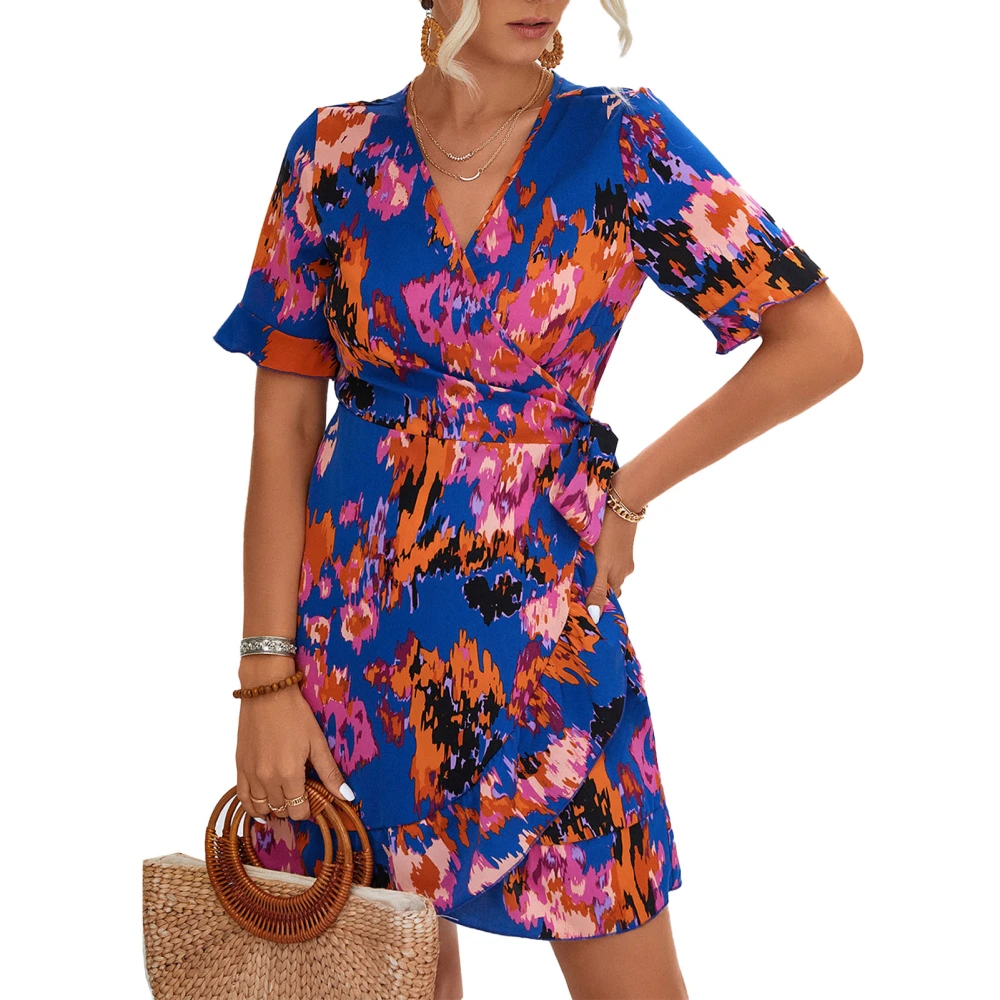 Womens Short Sleeve Dress Wrap V Neck Tie Waist Ruffle Hem Floral Printed Summer Dress Blue S