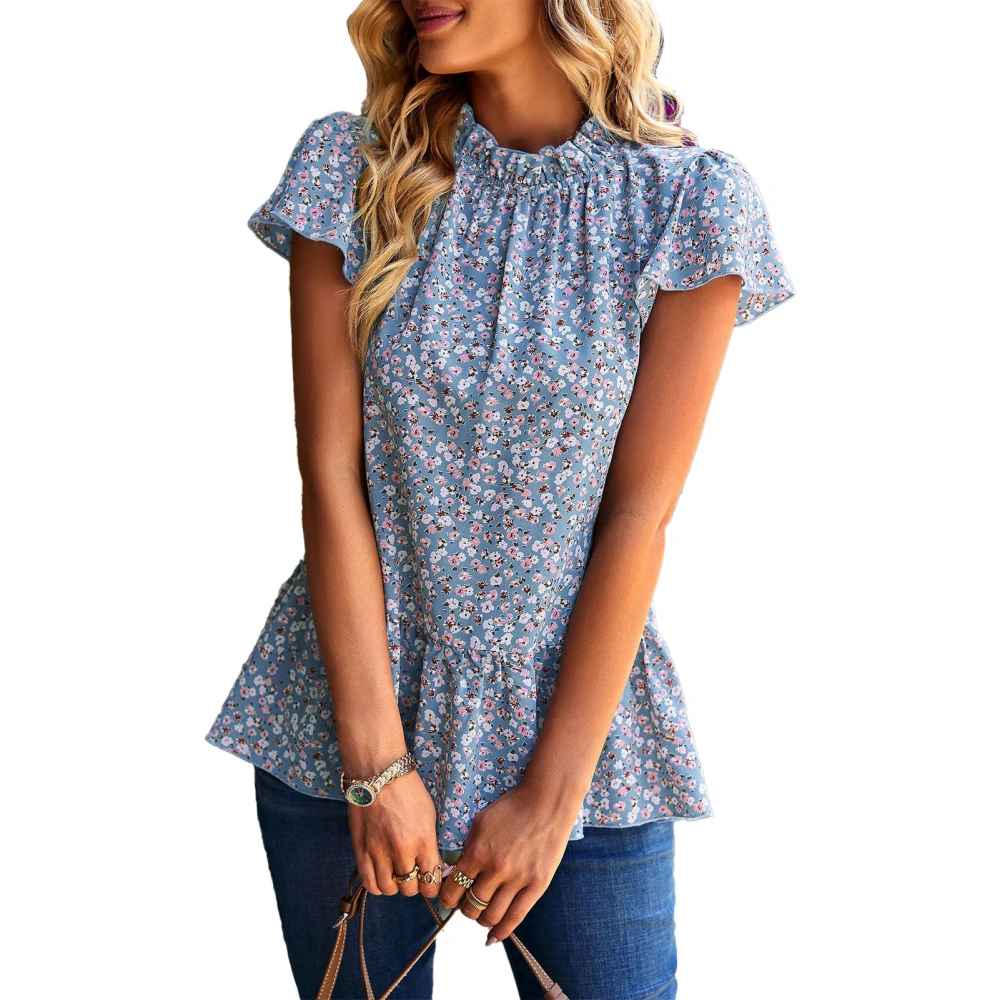 Floral Pattern Tee Round Neck Pleated Collar Short Ruffle Sleeve Casual Stylish T Shirt Light Blue XL