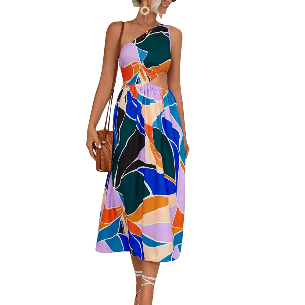 One Shoulder Dresses Fashionable Elegant Printing High Waist Hollow Women Sleeveless Summer Dress for Party Beach Blue L