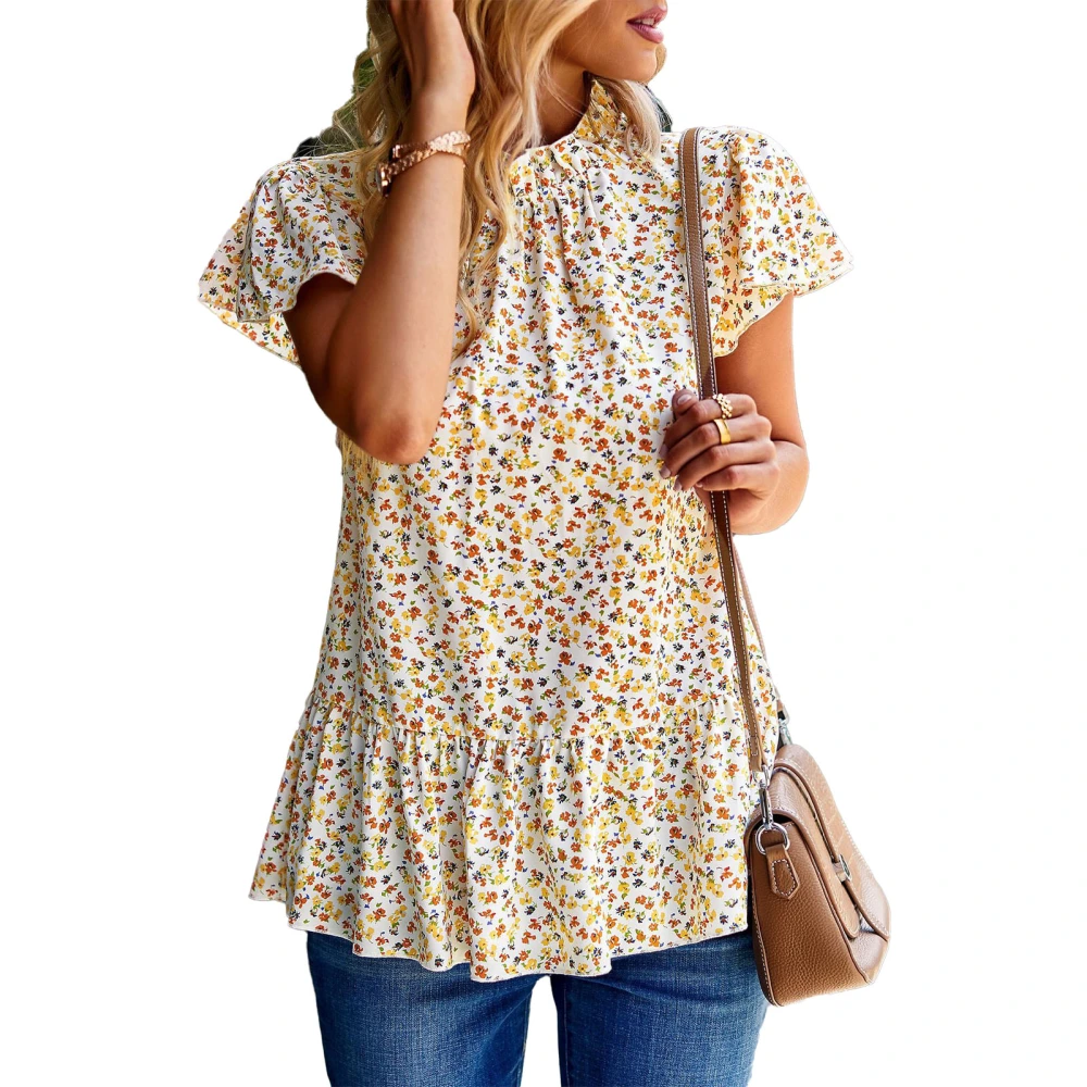 Floral Pattern Tee Round Neck Pleated Collar Short Ruffle Sleeve Casual Stylish T Shirt White M