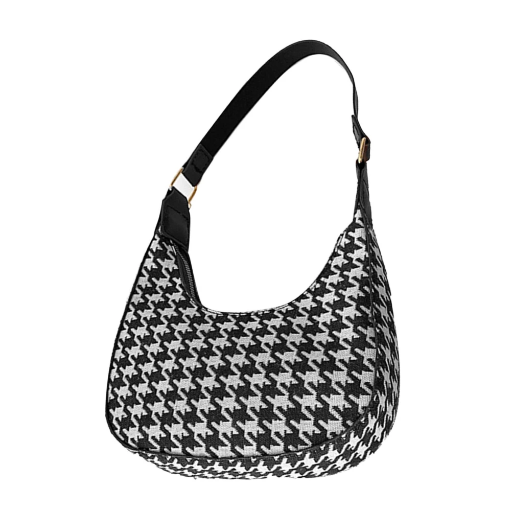 Underarm Bag Elegant Stylish Large Capacity Delicate Half Moon Pattern Handbag With 2 Straps Woolen Cloth Black Houndstooth Pattern Free Size