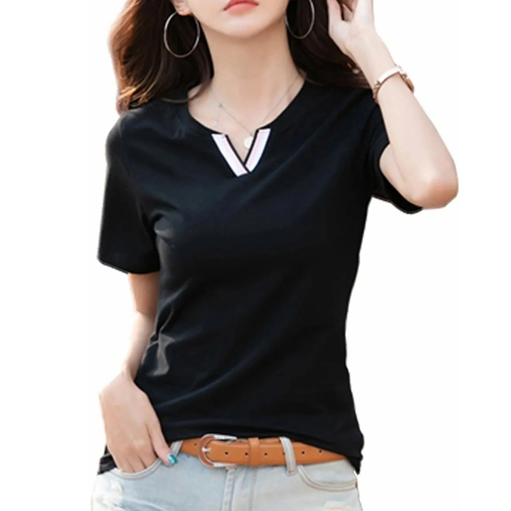 T Shirt V Neck Short Sleeves Slim Fit Pure Color Soft Comfortable Cotton Polyester Women Summer Tees for Daily Black XL