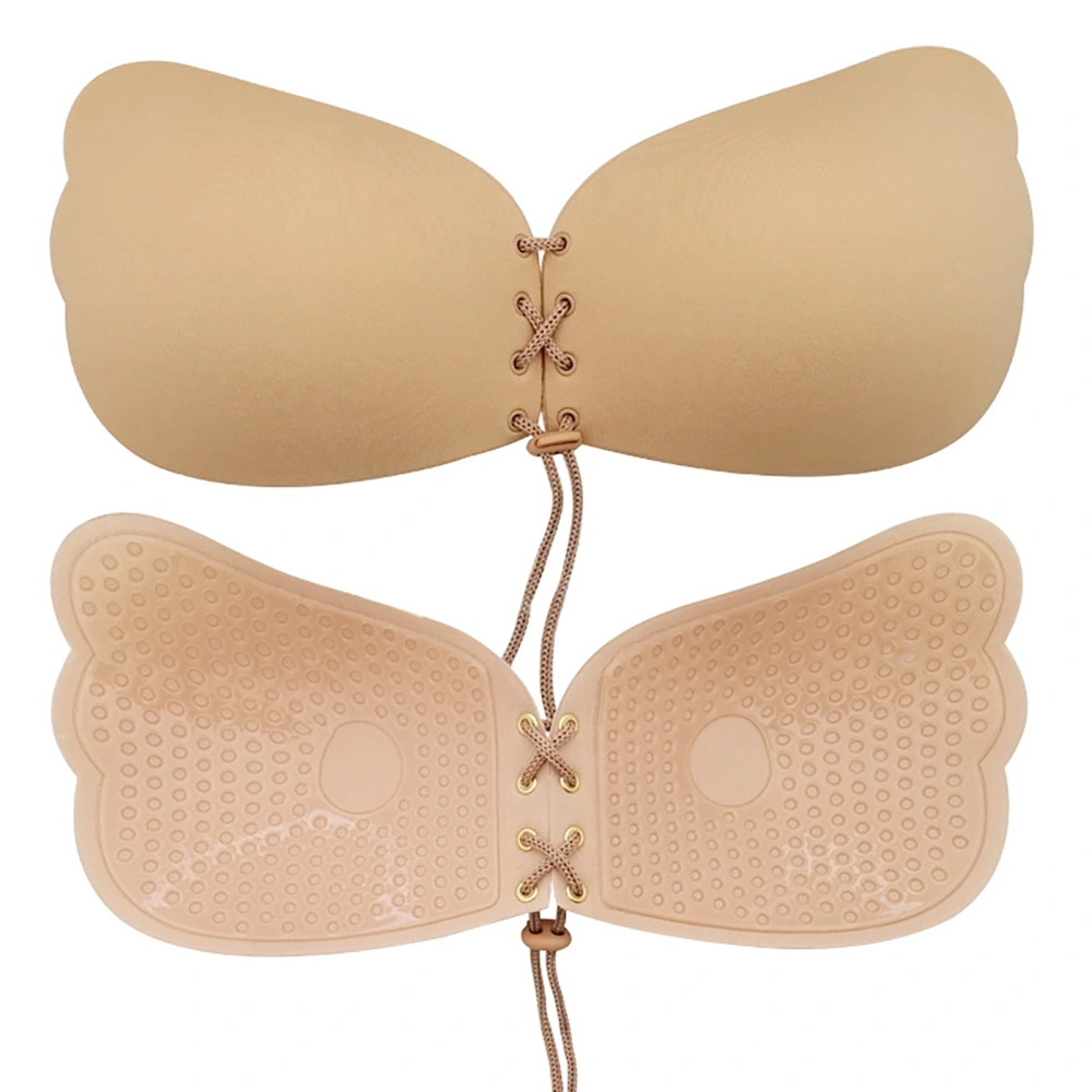 Adhesive Bra Push Up Breathable Skin Friendly Prevent Slip Wireless Strapless Backless Bra with Drawstring for Dress Skin Color D