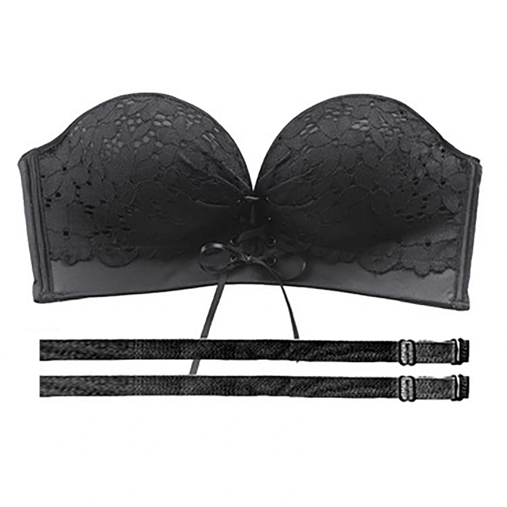 Strapless Push Up Bra AB Cup Invisible Thickening Lightweight Breathable Lace Strapless Bra for Women Female Black 36/80