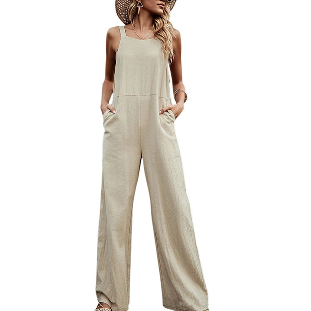 Women Jumpsuit Sleeveless Adjustable Shoulder Strap Open Back Loose Wide Leg Jumpsuit Khaki XL