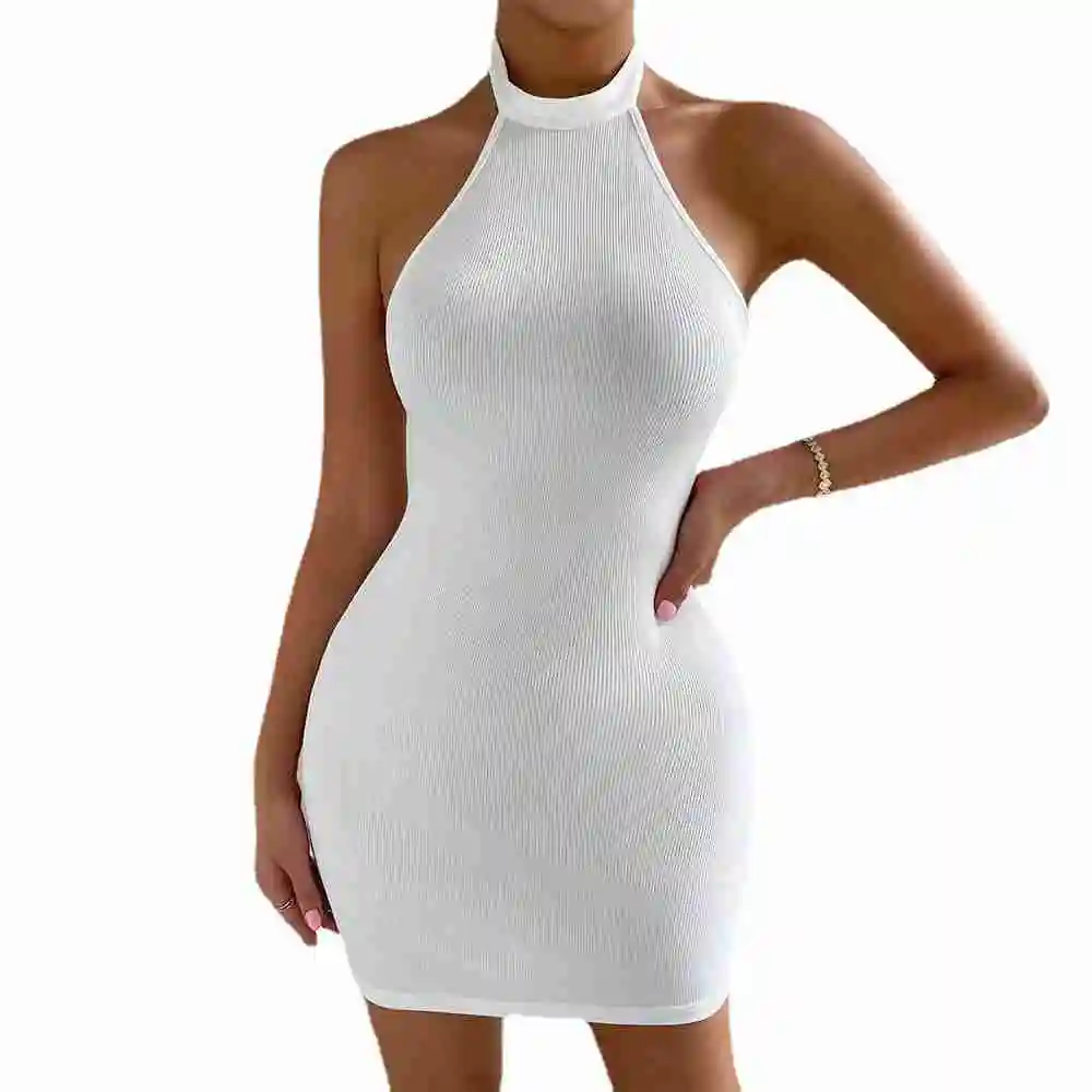 Bodycon Short Dress Pure Color Halter Neck Slim Fit Backless Sleeveless Women Bodycon Dress White L