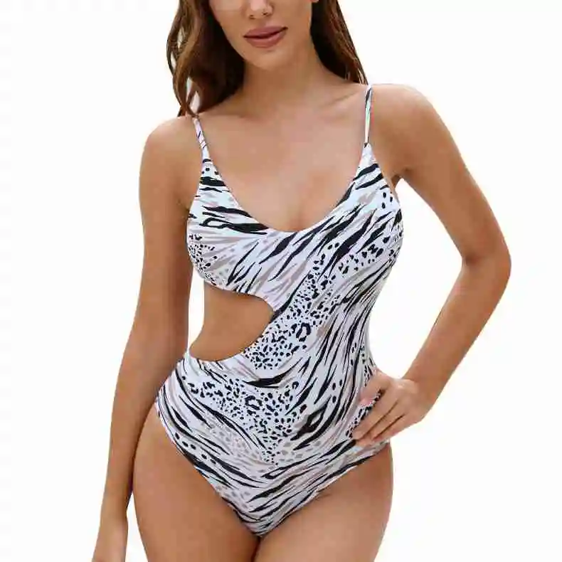 Women One Piece Bathing Suits Spaghetti Strap U Neck Cutout Backless Adjustable Wireless Padded Bikini Suit Printed Pattern L