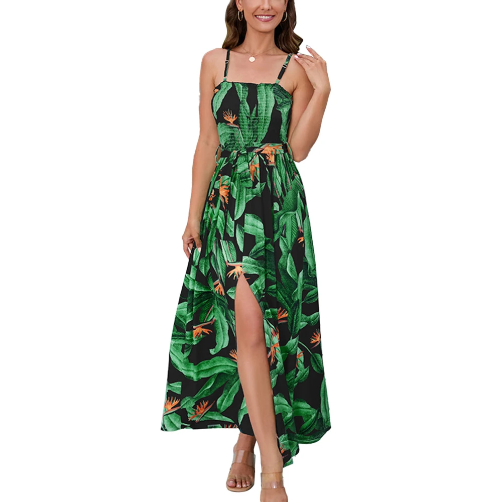 Floral Print Slit Dress Charming Adjustable Spaghetti Strap Sling Dress for Women Female Black L