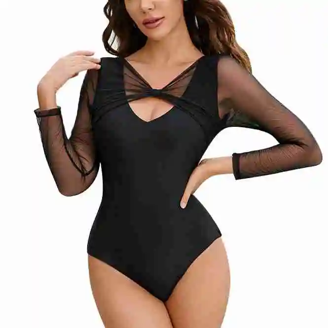 Women One Piece Swimsuit V Neck Backless Mesh Splicing Long Sleeves Bathing Suit with Chest Pad Black L