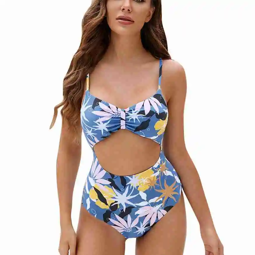 Ruched One Piece Swimsuit Spaghetti Strap Sleeveless Hollow Out Soft Floral Print One Piece Bathing Suit Floral Print M