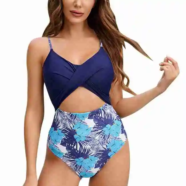 One Piece Bathsuit Printed Twist Front Backless U Neck Hollow Women Swimming Suit for Summer Dark Blue XL