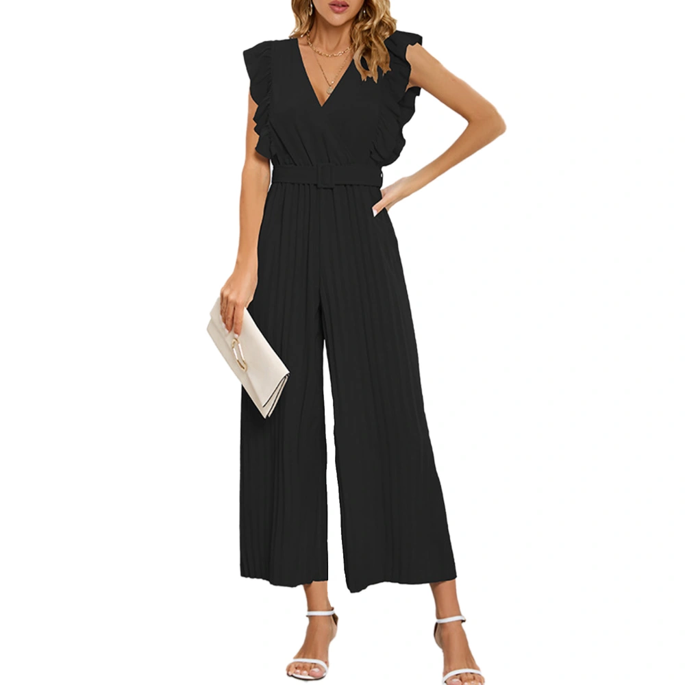 V Neck Jumpsuit Pants Women Sleeveless Casual Rompers with Waistband Pleated Straight Leg Black XL