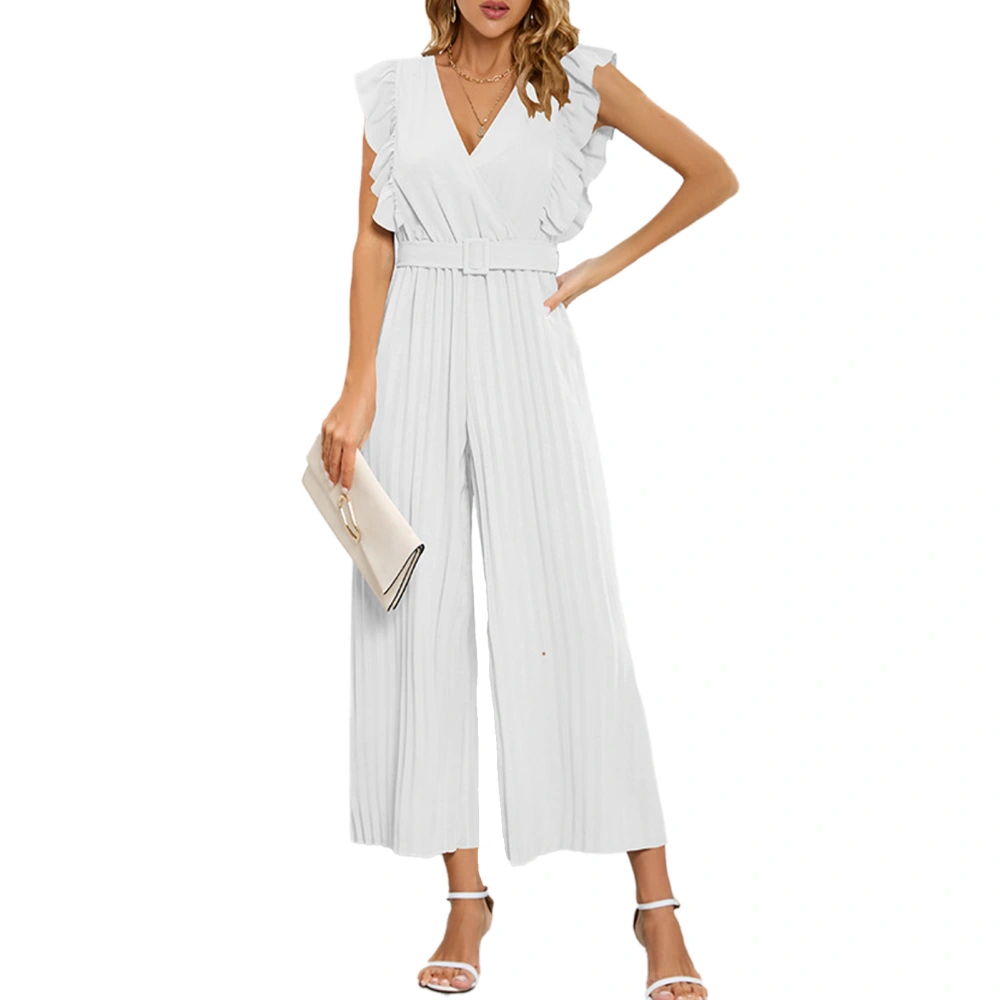 V Neck Jumpsuit Pants Women Sleeveless Casual Rompers with Waistband Pleated Straight Leg White XXL