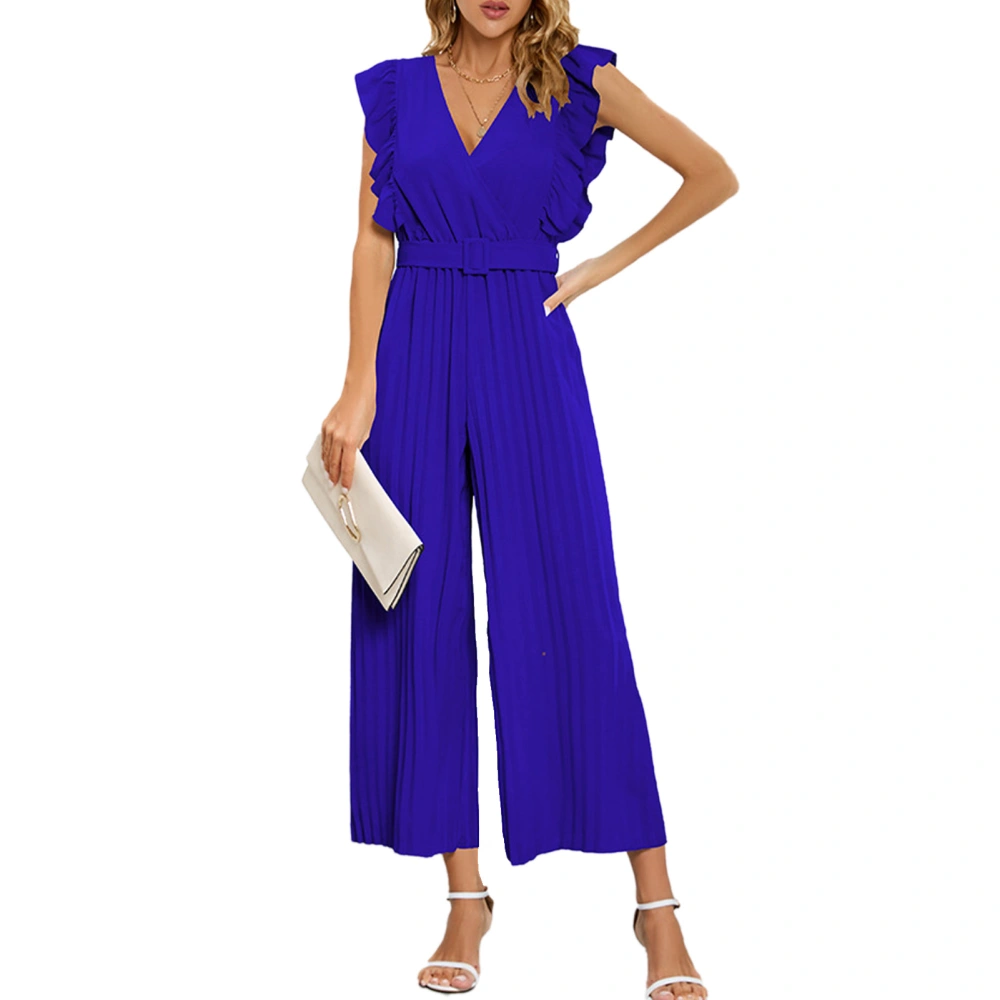 V Neck Jumpsuit Pants Women Sleeveless Casual Rompers with Waistband Pleated Straight Leg Blue S