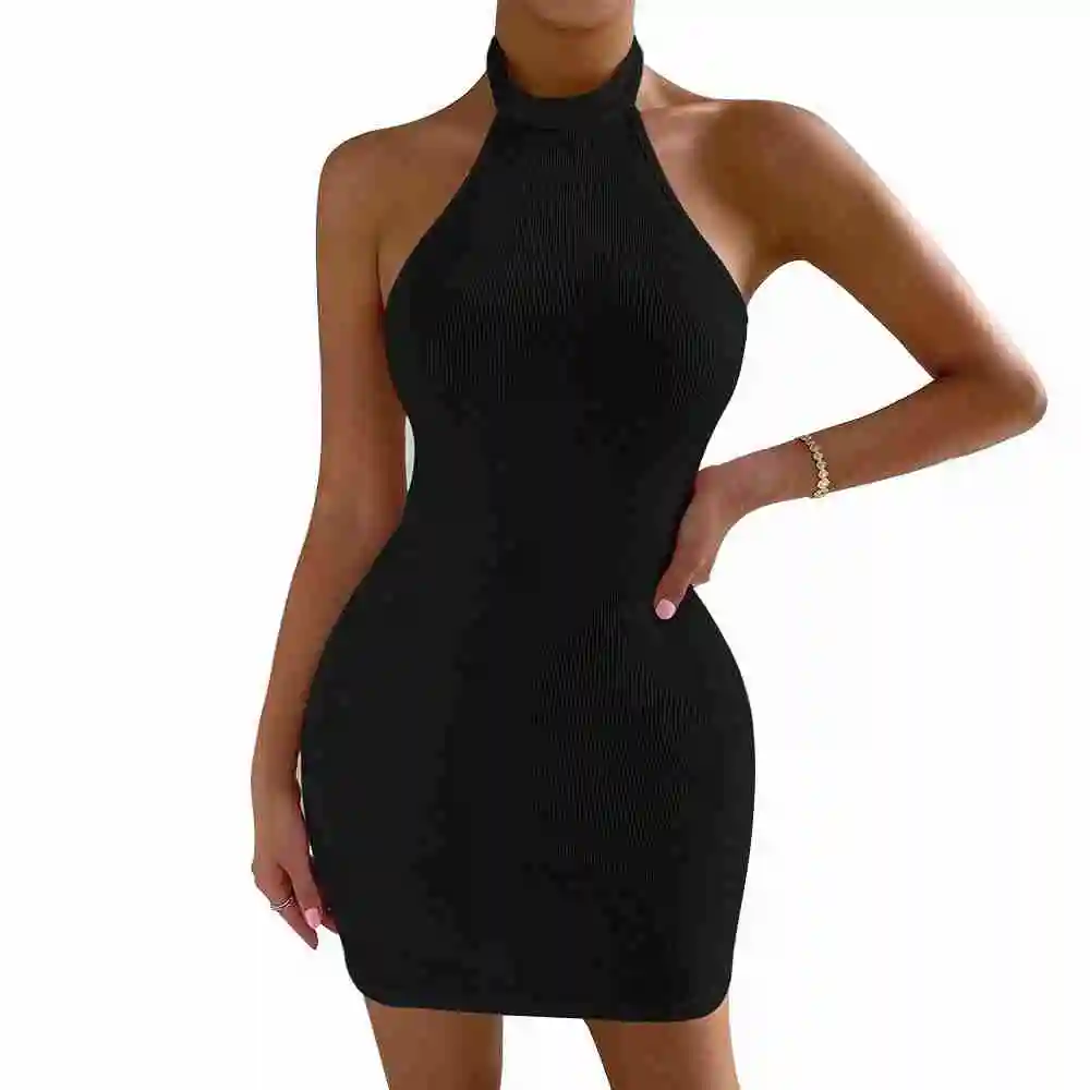 Bodycon Short Dress Pure Color Halter Neck Slim Fit Backless Sleeveless Women Bodycon Dress Black S