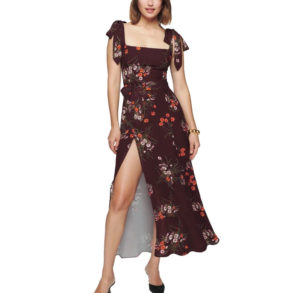 Women Summer Quadrate Neck Dress Fashionable Elegant Side Split Tie Strap Women Floral Print Dress for Daily Party Crimson M