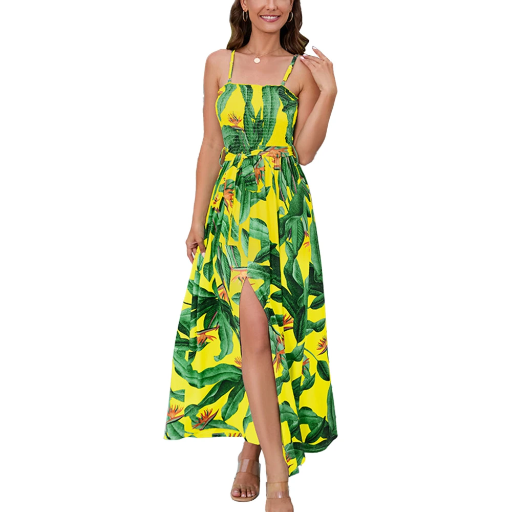 Floral Print Slit Dress Charming Adjustable Spaghetti Strap Sling Dress for Women Female Yellow XL