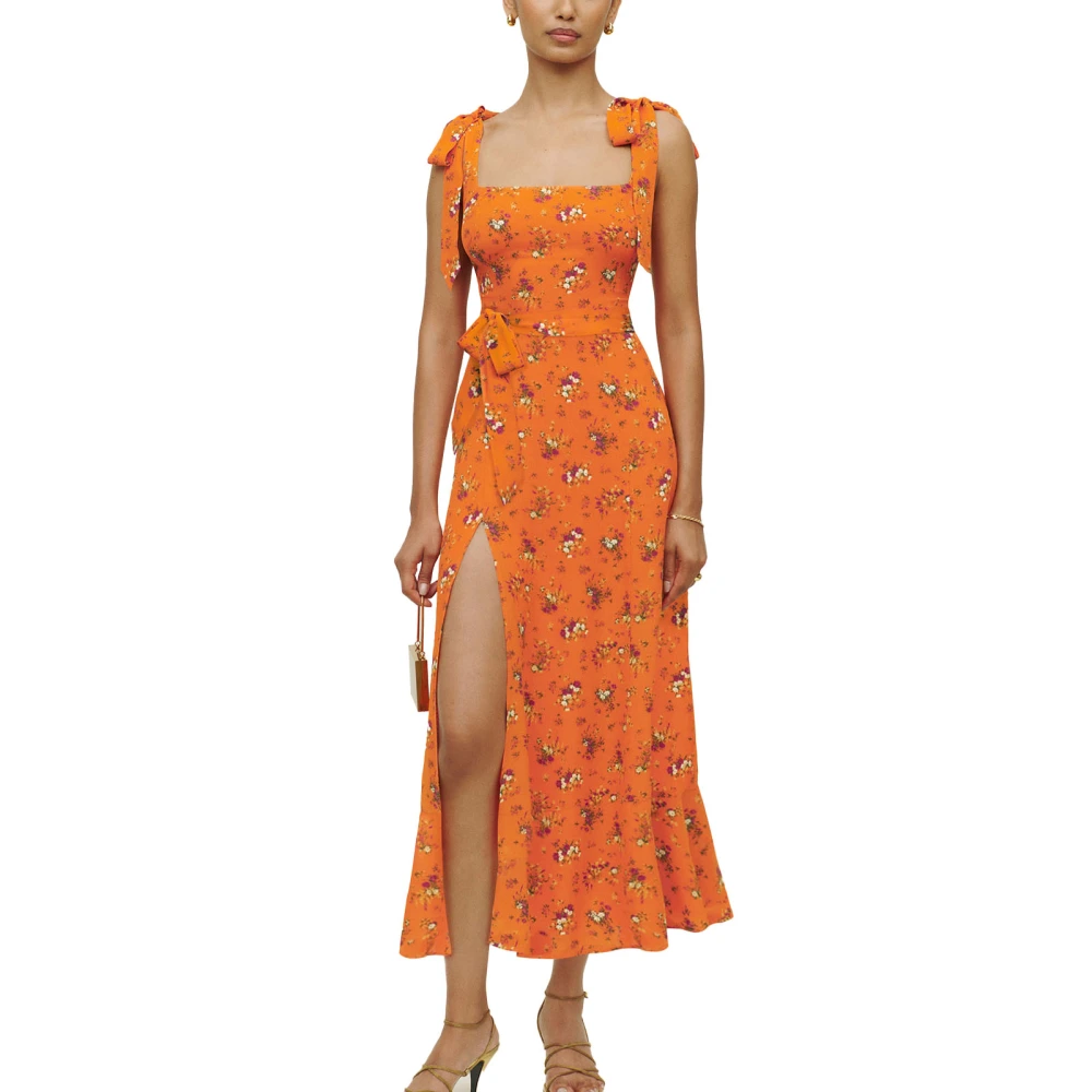 Women Summer Quadrate Neck Dress Fashionable Elegant Side Split Tie Strap Women Floral Print Dress for Daily Party Orange L