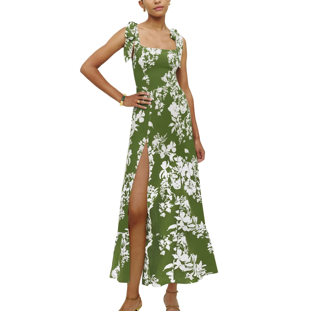 Women Summer Quadrate Neck Dress Fashionable Elegant Side Split Tie Strap Women Floral Print Dress for Daily Party Green XL