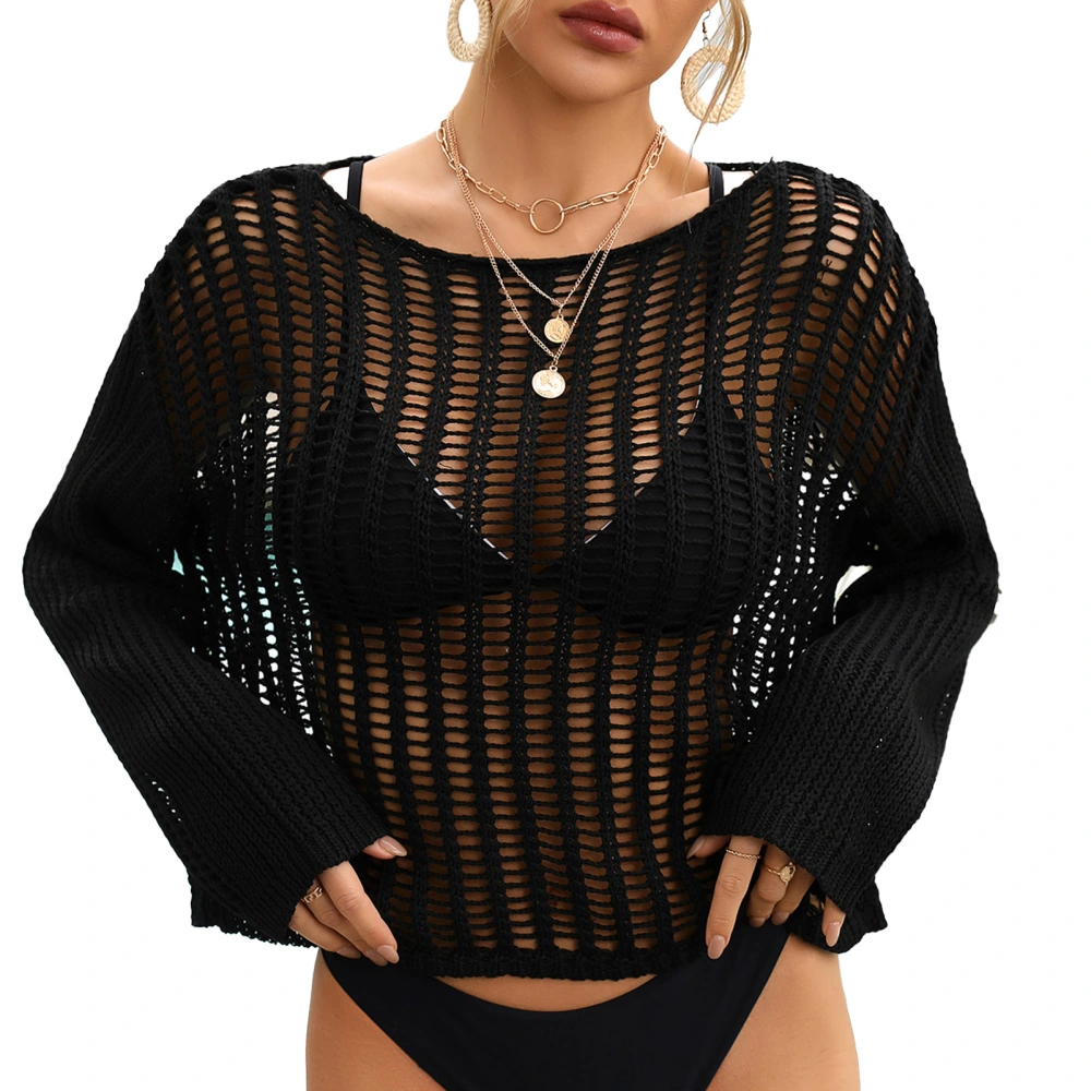 Knitted Beach Cover Up Top Round Neck Long Batwing Sleeves Hollow Out Knitted Coverup Top for Beach Vacation Black L