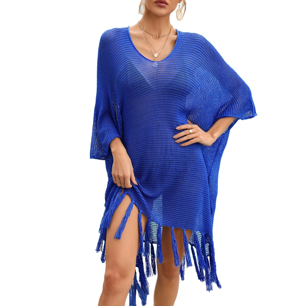 Beach Sun Protection Suit Loose Women Bikini Cover Up V Neck Batwing Sleeve Hem Tassels Sun Clothing Blue Free Size