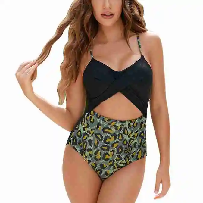 One Piece Bathsuit Printed Twist Front Backless U Neck Hollow Women Swimming Suit for Summer Green XXL