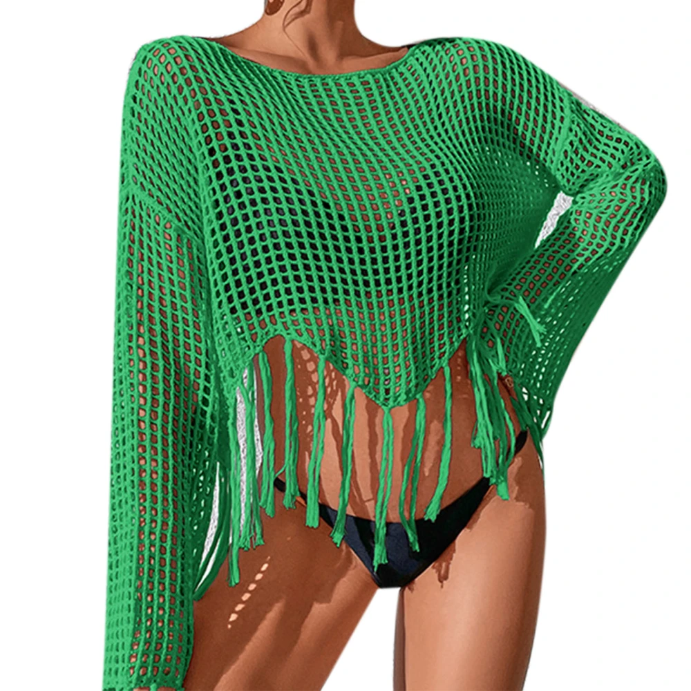 Swimsuit Bikini Cover Up Hollow Out Off Shoulder Long Flared Sleeves Irregular Hem Bathing Mesh Suit Cover with Tassels Green Free Size