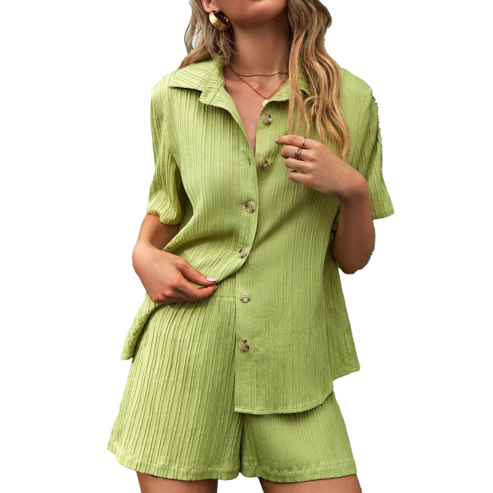 Women Outfit Set Turn Down Collar Short Sleeves Shirt Shorts Pure Color Summer Clothes Set Green M