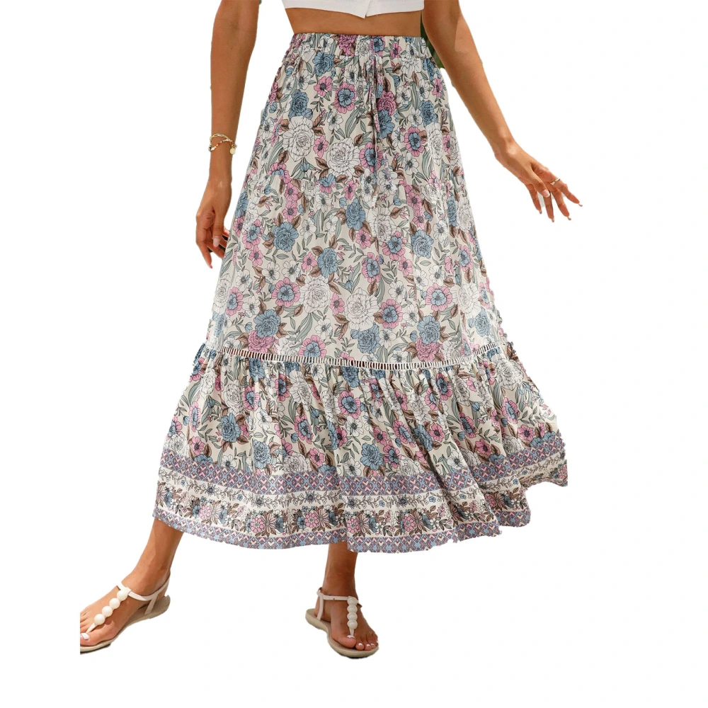 Women Lace Splicing Long Skirt Loose Comfortable Clear Flower Printed Fashionable Modern Ladies Female Skirt Apricot M